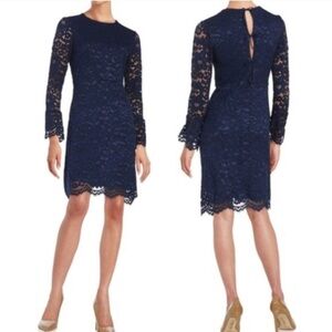 🆕 Betsey Johnson lace bell long sleeve mini dress 4 navy blue floral stretch